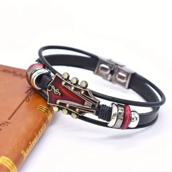 🎸New! Unisex Red Enamel Guitar Head Stock Black PU Leather 8” Rope Bracelet - Picture 11 of 17